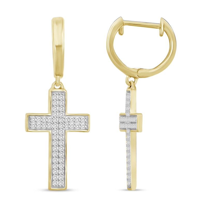 Main Image 1 of Previously Owned Men's Diamond Cross Hoop Dangle Earrings 1/4 ct tw Round-cut 10K Yellow Gold