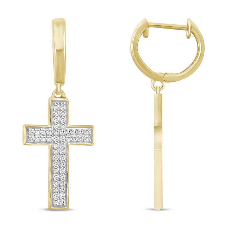 Main Image 2 of Previously Owned Men's Diamond Cross Hoop Dangle Earrings 1/4 ct tw Round-cut 10K Yellow Gold