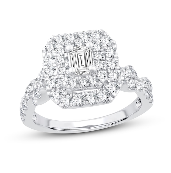 Previously Owned Diamond Engagement Ring 1-1/4 ct tw Emerald/Round-Cut 14K White Gold