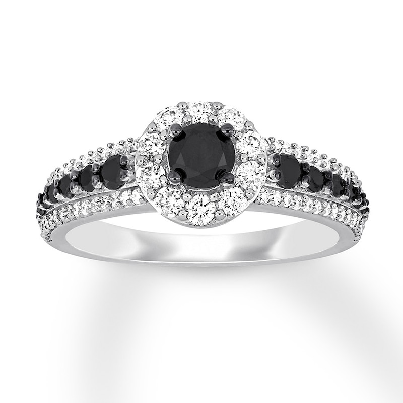 Main Image 1 of Previously Owned Black & White Diamond Halo Engagement Ring 1 ct tw 14K White Gold Size 6