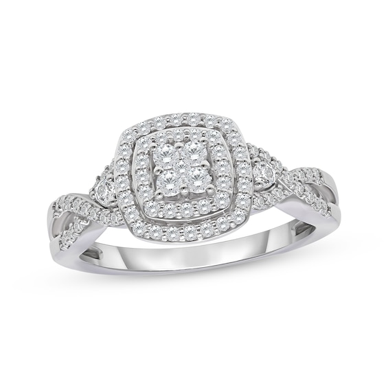Previously Owned Round-Cut Multi-Diamond Center Diamond Cushion-Shaped Engagement Ring 1/2 ct tw 10K White Gold