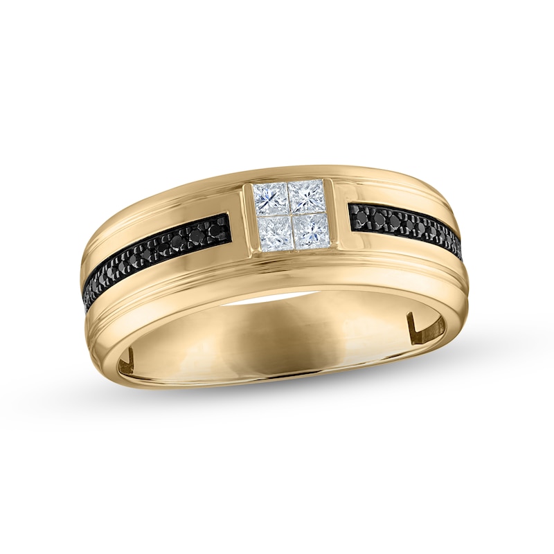 Main Image 1 of Previously Owned Men's White & Black Diamond Wedding Band 1/3 ct tw Square & Round-cut 10K Yellow Gold