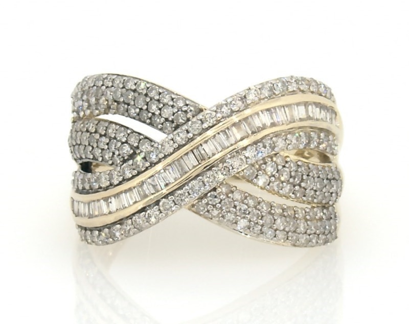 Main Image 1 of Previously Owned Diamond Crisscross Ring 1 ct tw Baguette & Round-cut 10K Yellow Gold