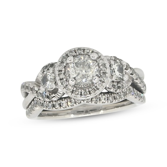 Previously Owned Round-Cut Diamond Halo Three-Stone Bridal Set 1 ct tw 14K White Gold Size 6