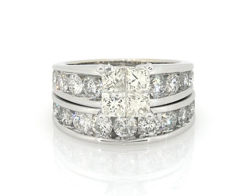 Main Image 1 of Previously Owned Princess-Cut Quad Diamond Bridal Set 3-7/8 ct tw 14K White Gold Size 7.75