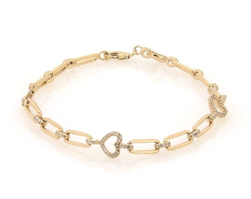 Main Image 1 of Previously Owned Round-Cut Diamond Hearts Paperclip Link Bracelet 3/8 ct tw 10K Yellow Gold 7”