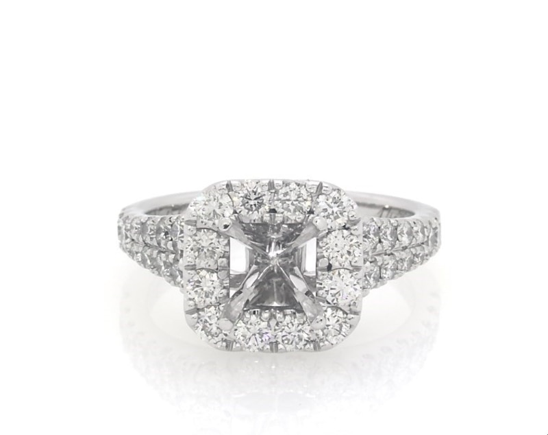 Main Image 1 of Previously Owned Neil Diamond Cushion Halo Engagement Ring Setting 1-1/6 ct tw 14K White Gold Size 6.75