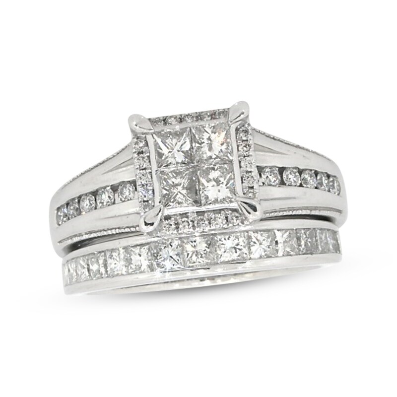 Main Image 1 of Previously Owned Princess-Cut Quad Diamond Bridal Set 1-3/8 ct tw 14K White Gold Size 7