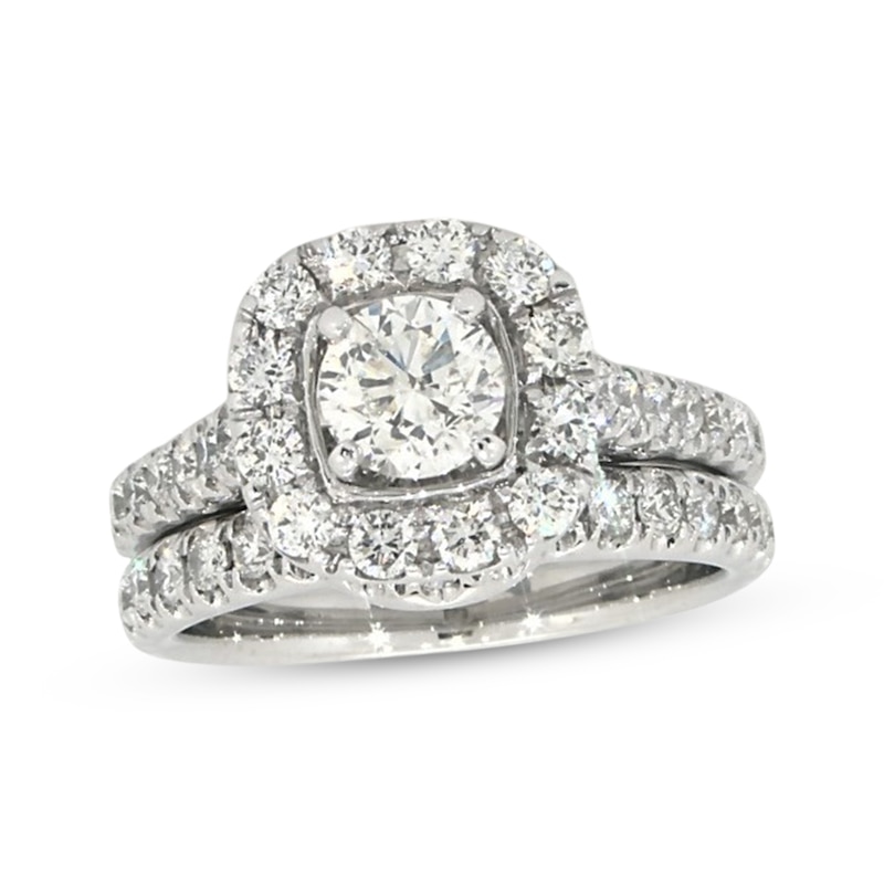 Main Image 1 of Previously Owned Neil Lane Round-Cut Diamond Halo Bridal Set 1-1/2 ct tw 14K White Gold Size 4.5