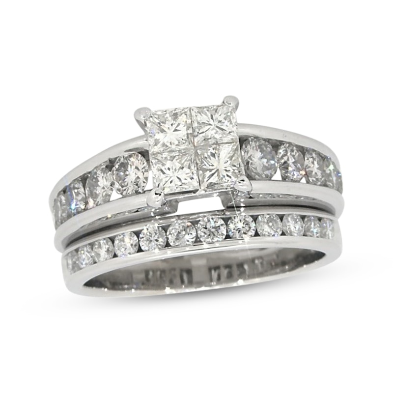 Main Image 1 of Previously Owned Princess-Cut Quad Diamond Bridal Set 2-1/4 ct tw 14K White Gold Size 7.75