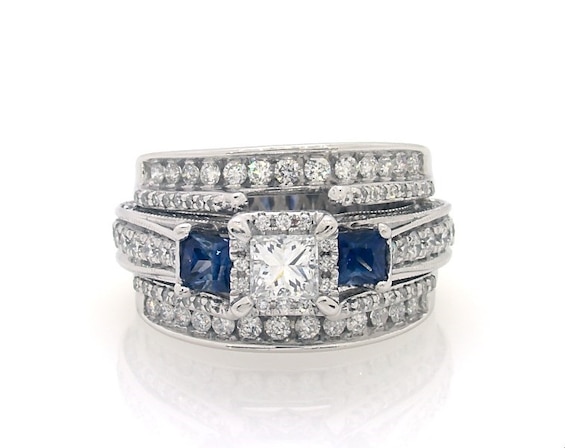 Previously Owned Princess-Cut Diamond & Sapphire Bridal Set 1-1/2 ct tw 14K White Gold Size 5.5