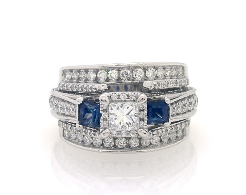 Main Image 1 of Previously Owned Princess-Cut Diamond & Sapphire Bridal Set 1-1/2 ct tw 14K White Gold Size 5.5