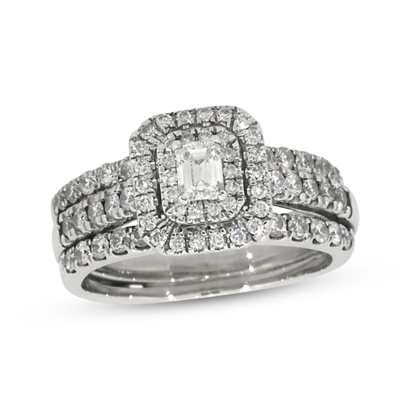 Main Image 1 of Previously Owned Emerald-Cut Diamond Double Halo Bridal Set 1 ct tw 14K White Gold Size 5