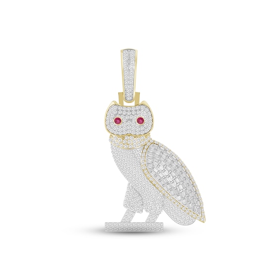 Previously Owned Diamond & Lab-Created Ruby Owl Charm 3/4 ct tw Round & Baguette-cut 10K Yellow Gold