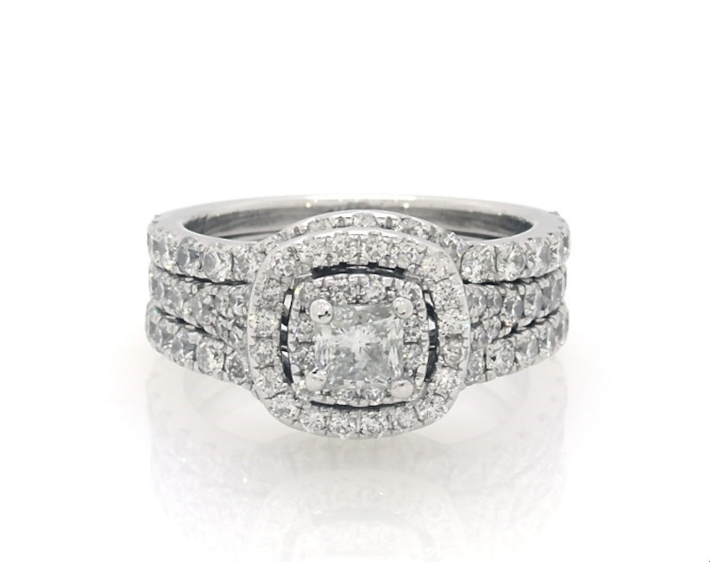 Main Image 1 of Previously Owned Princess-Cut Diamond Double Halo Bridal Set 1-7/8 ct tw 14K White Gold Size 5