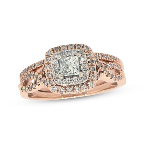 Previously Owned Princess-Cut Diamond Double-Halo Bridal Set 7/8 ct tw 14K Two-Tone Gold Size 7