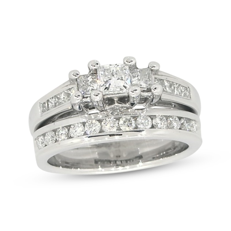 Main Image 1 of Previously Owned Princess-Cut Diamond Three-Stone Bridal Set 3/4 ct tw 14K White Gold Size 3.75