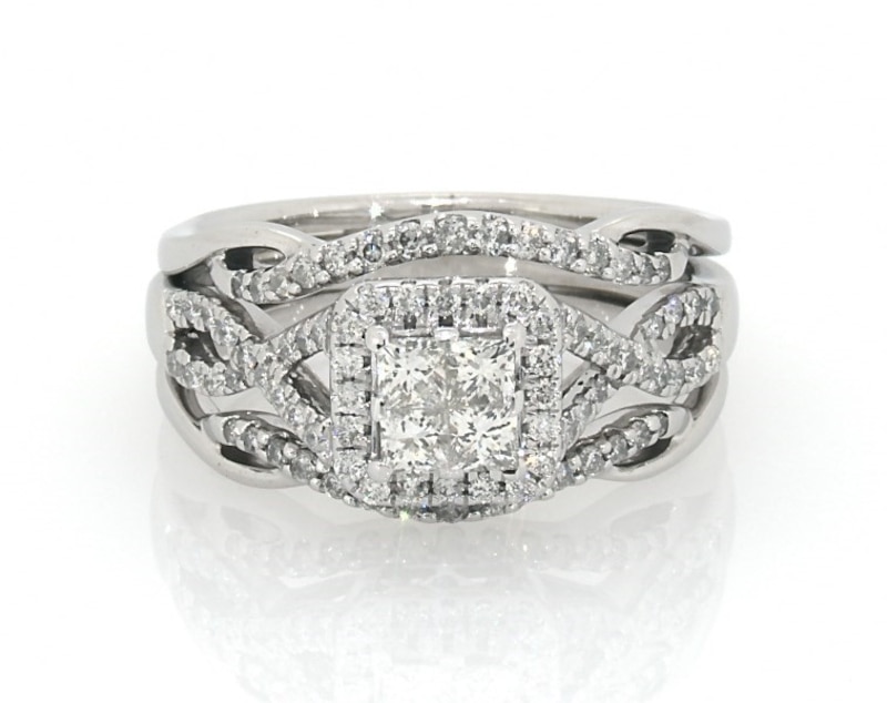 Main Image 1 of Previously Owned Princess-Cut Quad Diamond Bridal Set 1 ct tw 14K White Gold Size 7.75