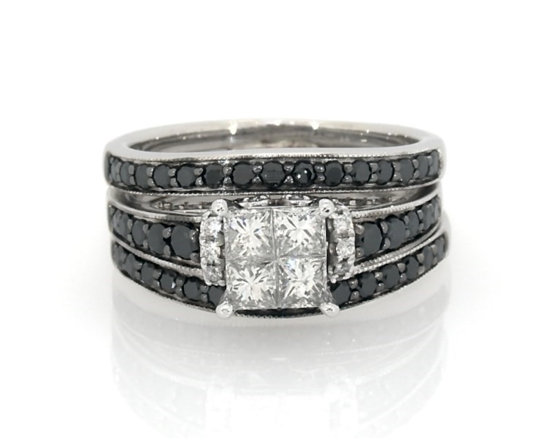 Main Image 1 of Previously Owned Princess-Cut Quad White Diamond & Black Diamond Bridal Set 1-1/2 ct tw 14K White Gold Size 5.25