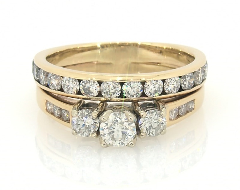 Main Image 1 of Previously Owned Round-Cut Diamond Three-Stone Bridal Set 2 ct tw 14K Two-Tone Gold & 10K Yellow Gold Size 10
