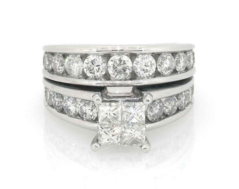 Main Image 1 of Previously Owned Princess-Cut Quad Diamond Bridal Set 3 ct tw 14K White Gold Size 5.75