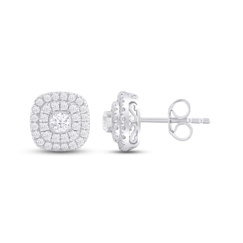 Main Image 1 of Previously Owned Lab-Grown diamond by KAY Cushion Stud Earrings 1-1/2 ct tw Round-cut 14K White Gold