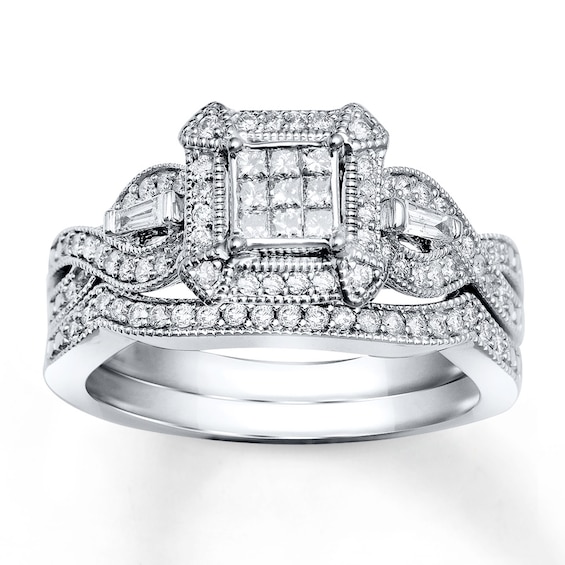 Previously Owned Princess-Cut Multi-Diamond Center Bridal Set 1/2 ct tw 10K White Gold Size 9