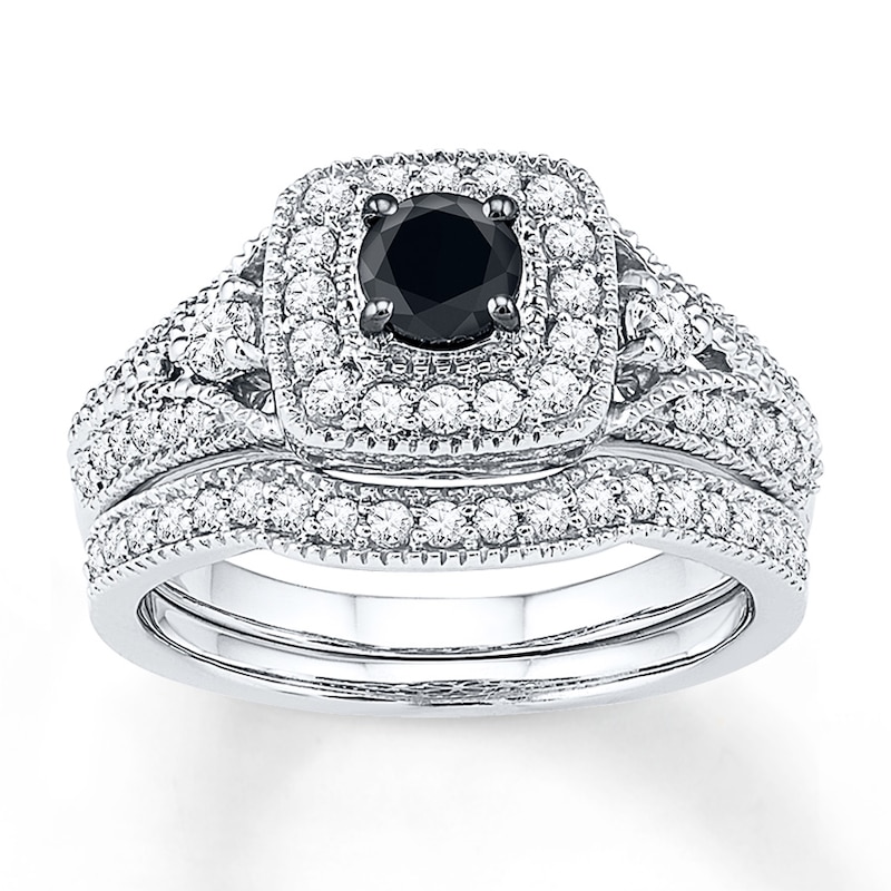 Main Image 1 of Previously Owned Black & White Diamond Bridal Set 7/8 ct tw 10K White Gold