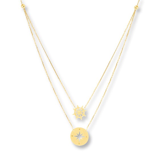 Previously Owned Shipwheel & Compass Layered Necklace 14K Yellow Gold 18"