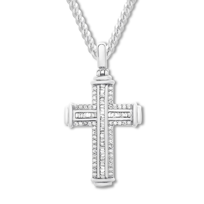 Main Image 1 of Previously Owned Men's Diamond Cross Necklace 1 ct tw Sterling Silver 22"