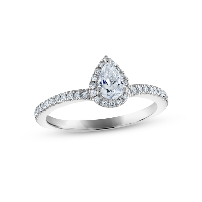Main Image 1 of Previously Owned Diamond Halo Engagement Ring 1/2 ct tw Pear & Round-cut 14K White Gold
