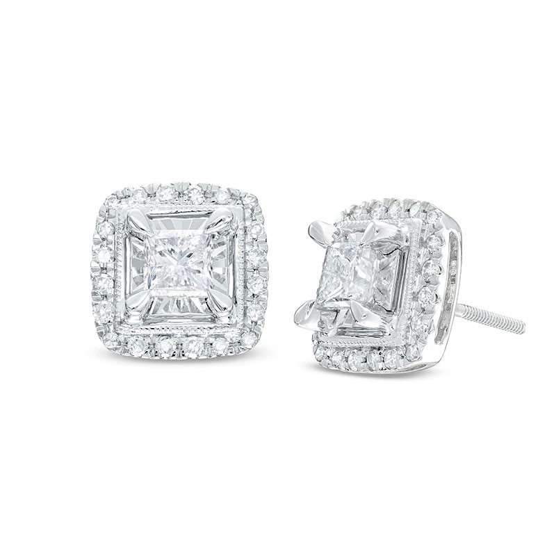 Main Image 1 of Previously Owned Diamond Stud Earrings 1 ct tw Princess & Round-cut 10K White Gold (J/I3)