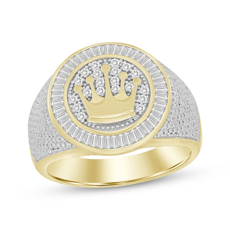 Main Image 1 of Previously Owned Men’s Round & Baguette-Cut Diamond Crown Signet Ring 1/2 ct tw 10K Yellow Gold