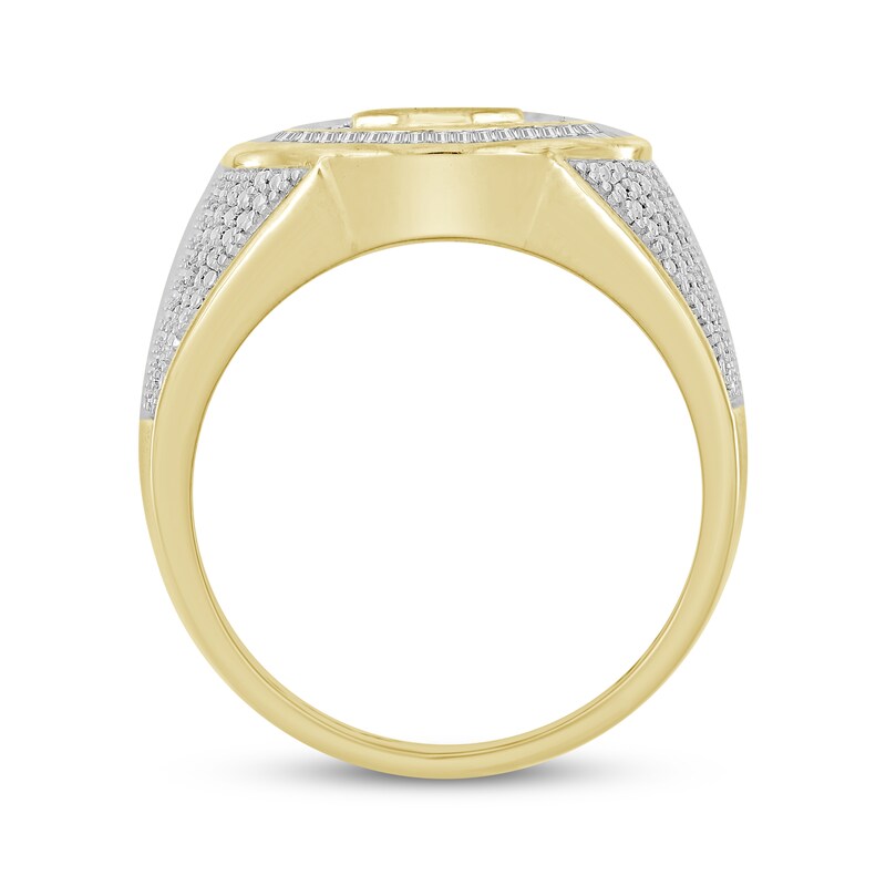 Main Image 3 of Previously Owned Men’s Round & Baguette-Cut Diamond Crown Signet Ring 1/2 ct tw 10K Yellow Gold