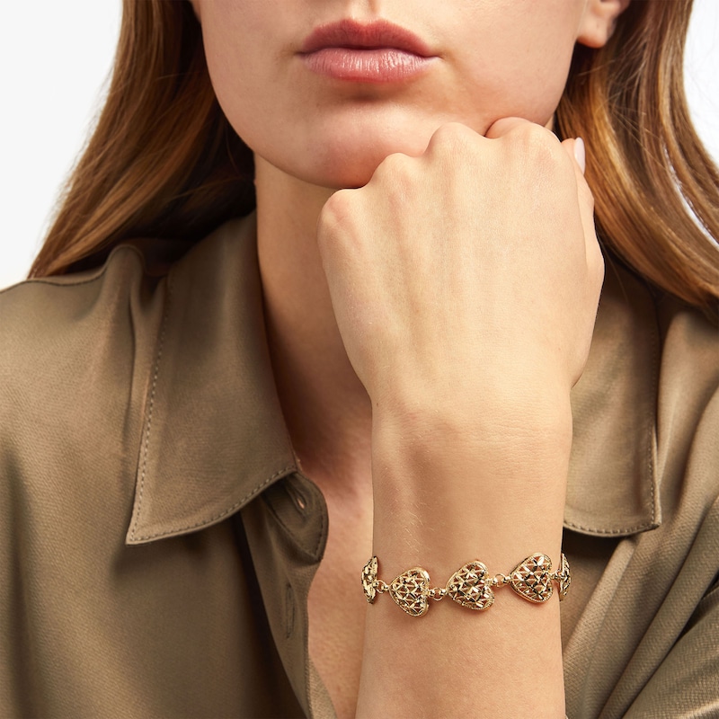 Main Image 5 of Previously Owned Italian Brilliance Heart Link Bracelet 14K Yellow Gold 7.5"