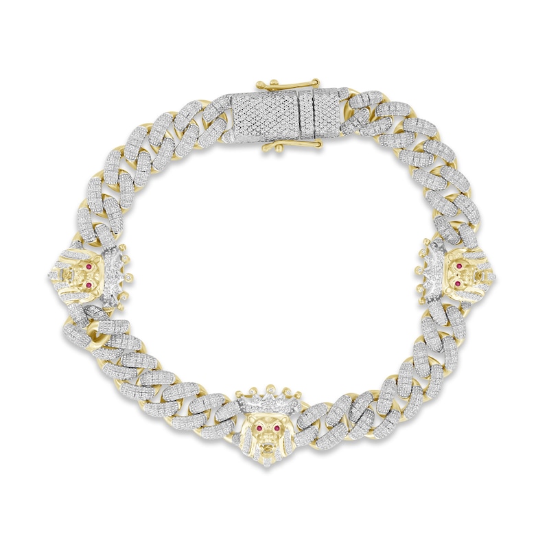Main Image 1 of Previously Owned Men's Diamond & Lab-Created Ruby Lion Curb Chain Bracelet 1 ct tw Round-cut 10K Yellow Gold 8.5"