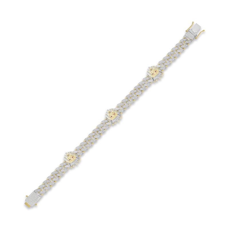 Main Image 2 of Previously Owned Men's Diamond & Lab-Created Ruby Lion Curb Chain Bracelet 1 ct tw Round-cut 10K Yellow Gold 8.5"