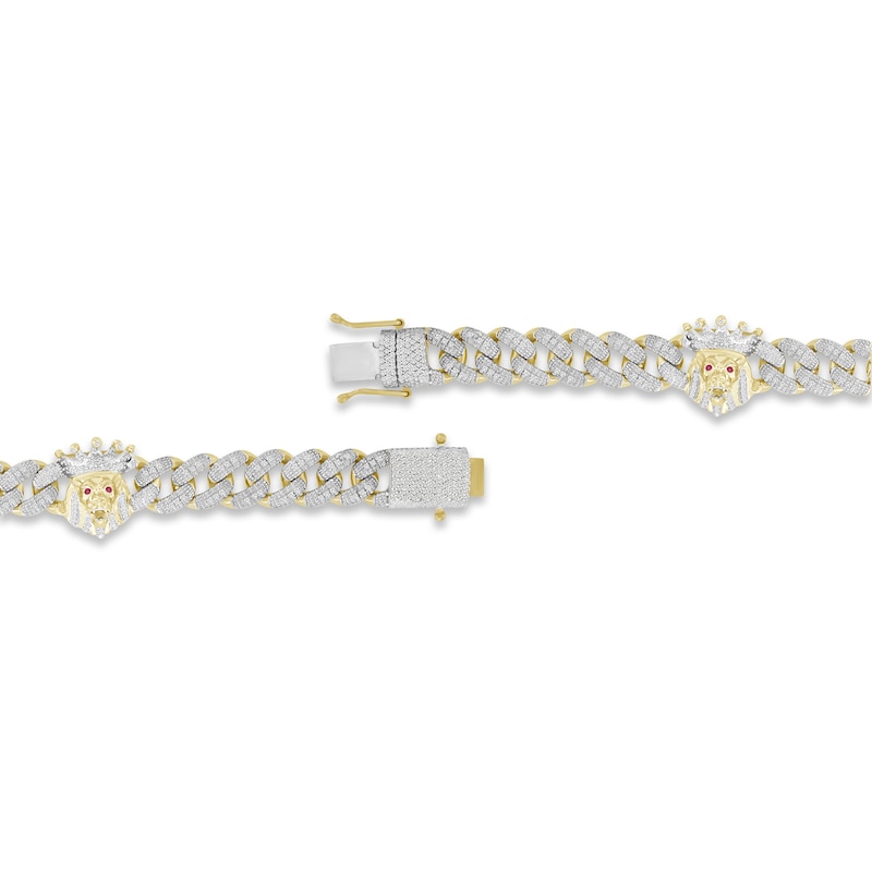 Main Image 3 of Previously Owned Men's Diamond & Lab-Created Ruby Lion Curb Chain Bracelet 1 ct tw Round-cut 10K Yellow Gold 8.5"