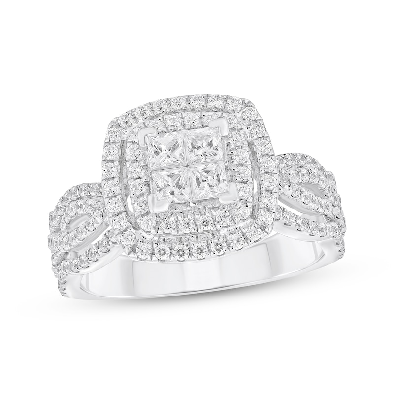 Main Image 1 of Previously Owned Princess-Cut Diamond Quad Double Frame Engagement Ring 1-1/3 ct tw 14K White Gold