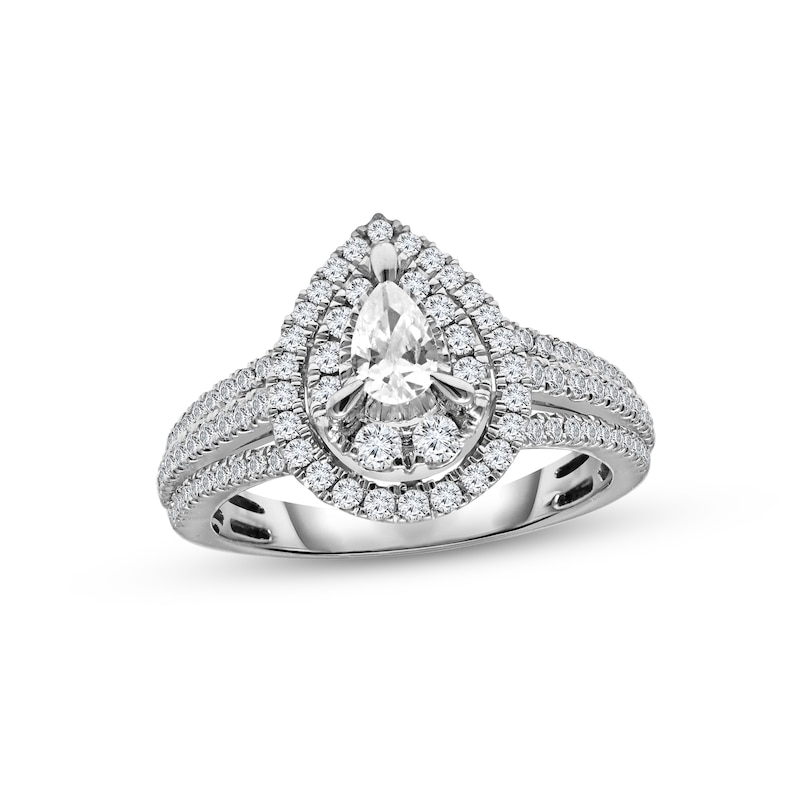 Main Image 1 of Previously Owned Diamond Halo Engagement Ring 1 ct tw Pear & Round-cut 14K White Gold