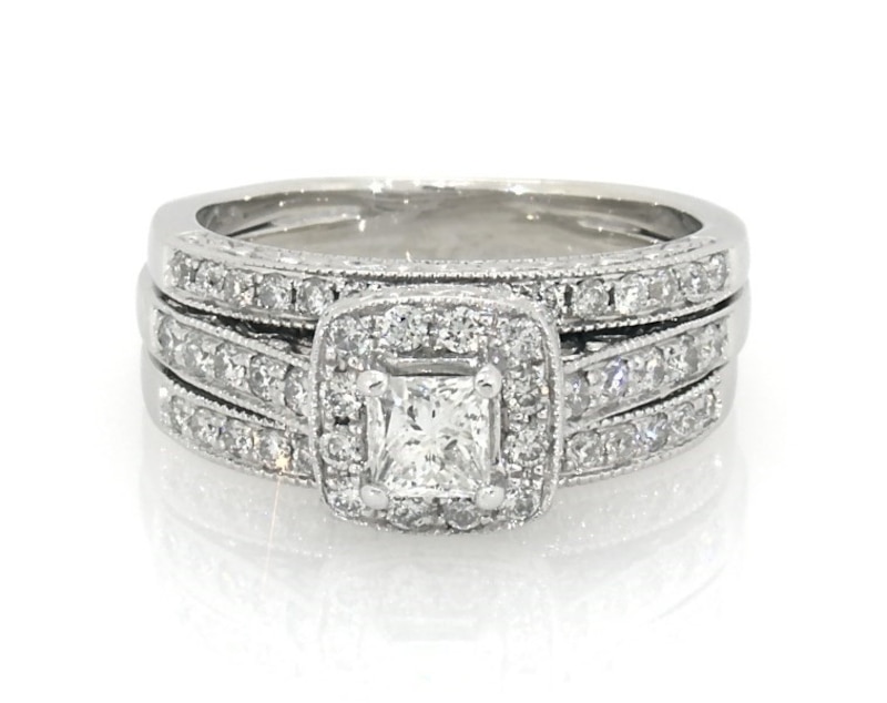 Main Image 1 of Previously Owned Princess-Cut Diamond Cushion Halo Bridal Set 3/4 ct tw 14K White Gold Size 4.75