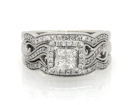 Previously Owned Princess-Cut Quad Diamond Halo Bridal Set 1 ct tw 14K White Gold Size 9