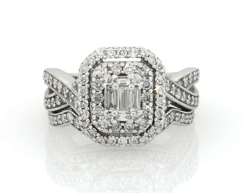 Main Image 1 of Previously Owned Baguette-Cut Diamond Double Halo Bridal Set 1-1/5 ct tw 14K White Gold Size 6