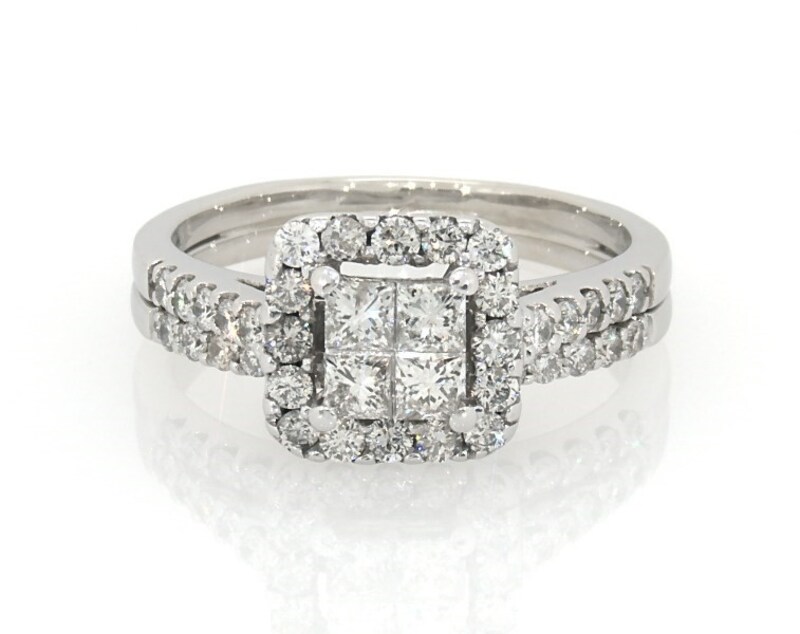Main Image 1 of Previously Owned Princess-Cut Quad Diamond Halo Bridal Set 1-1/5 ct tw 14K White Gold Size 5