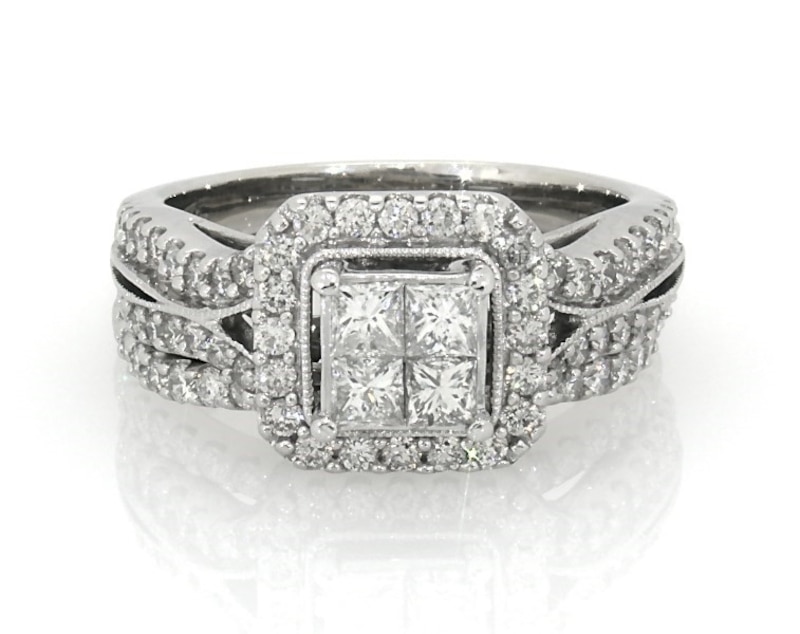 Main Image 1 of Previously Owned Princess-Cut Quad Diamond Halo Bridal Set 1-1/5 ct tw 14K White Gold Size 6