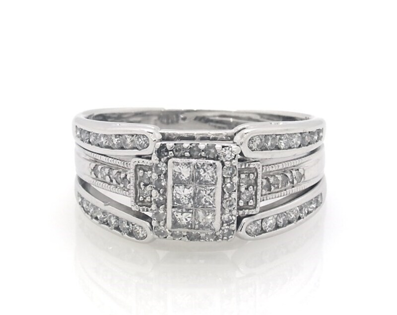Main Image 1 of Previously Owned Princess-Cut Multi-Diamond Bridal Set 3/4 ct tw 10K & 14K White Gold Size 9.75