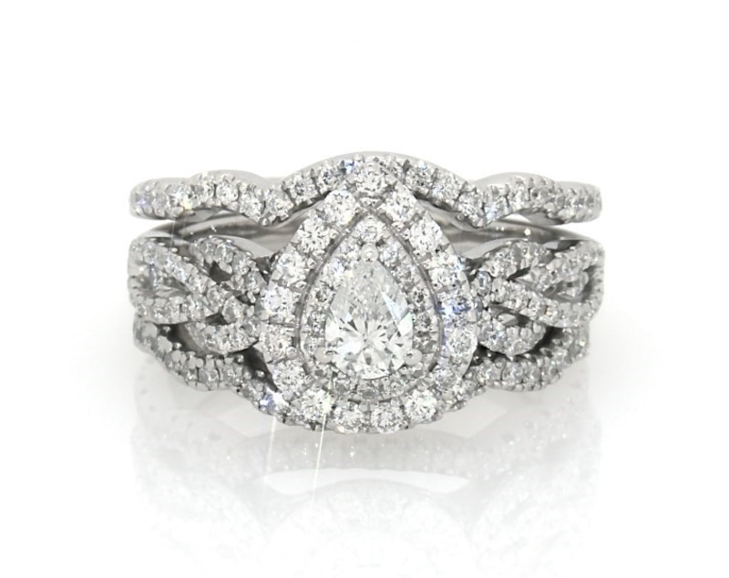 Previously Owned Neil Lane Pear-Shaped Diamond Double Halo Bridal Set 1-1/5 ct tw 14K White Gold & Platinum Size 6.25