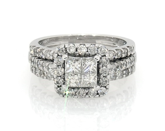 Previously Owned Princess-Cut Diamond Quad Cushion Halo Bridal Set 1-3/8 ct tw 14K White Gold Size 5.25