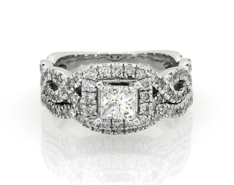 Main Image 1 of Previously Owned Neil Lane Princess-Cut Diamond Halo Bridal Set 1-1/4 ct tw 14K White Gold Size 5