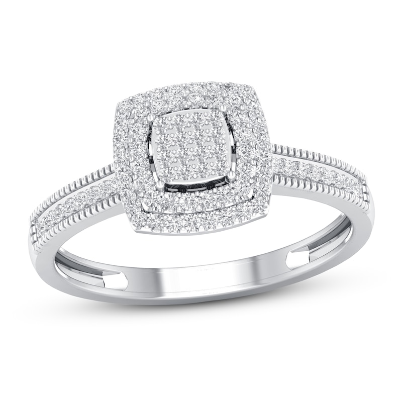 Main Image 1 of Previously Owned Multi-Diamond Center Double Cushion Halo Engagement Ring 1/4 ct tw 10K White Gold Size 8